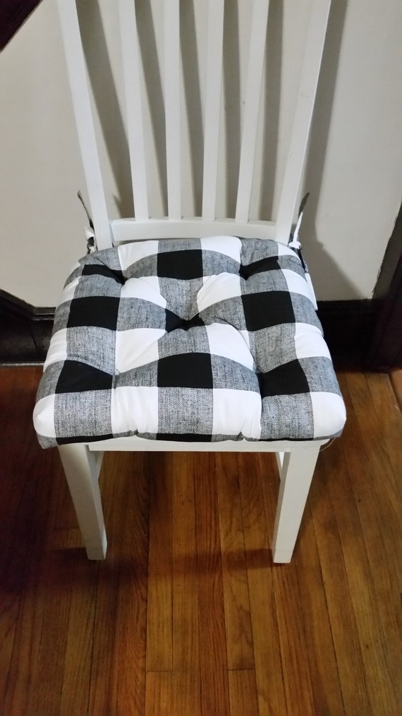 Set of 4 Large Size, Tufted Chair Cushions, Buffalo Plaid Chair