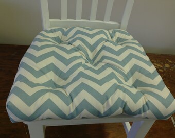 RTS, Robin blue and natural tufted Chair pad seat cushion cotton 3" stripes village blue