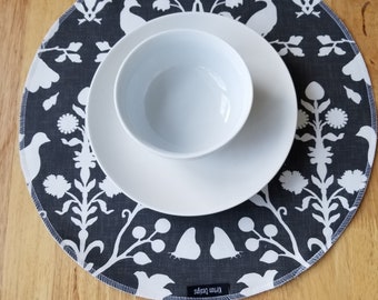 Round fabric placemat, spoonflower birds, dark grey and white cotton, stripe centerpiece, table linen, fabric placemats, cloth placemats