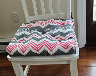 Set of 2 zigzag chevron pink, grey and white chair pads, seat cushions, 16" x 16" Tufted bar stool cushions,