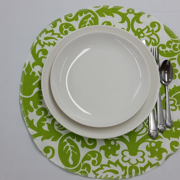 Handmade artisan placemats, Amsterdam chartreuse lime green and whiteRound placemats, cotton table linens,
