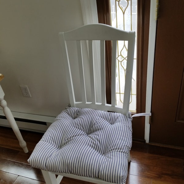 Set of 2 ticking stripe chair pads, seat cushions, 16" x 16" Tufted bar stool cushions, INDIGO navy blue and natural