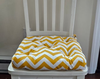 Set of 2 zigzag golden yellow and white chair pads, seat cushions, 16" x 16" Tufted bar stool cushions,