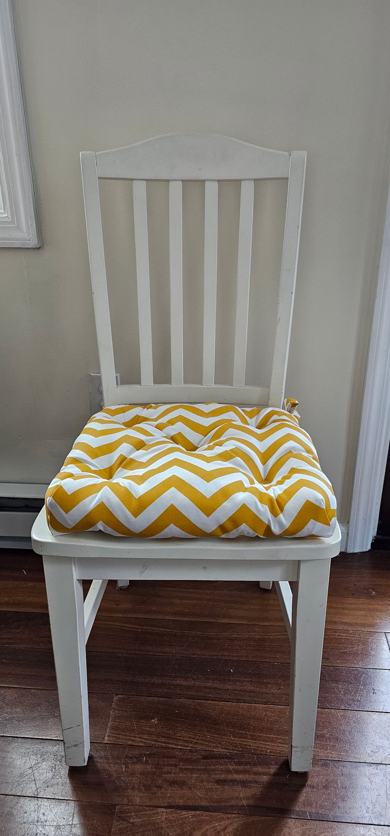 Set of 2 zigzag golden yellow and white chair pads, seat cushions, 16 x 16 Tufted bar stool cushions, image 1