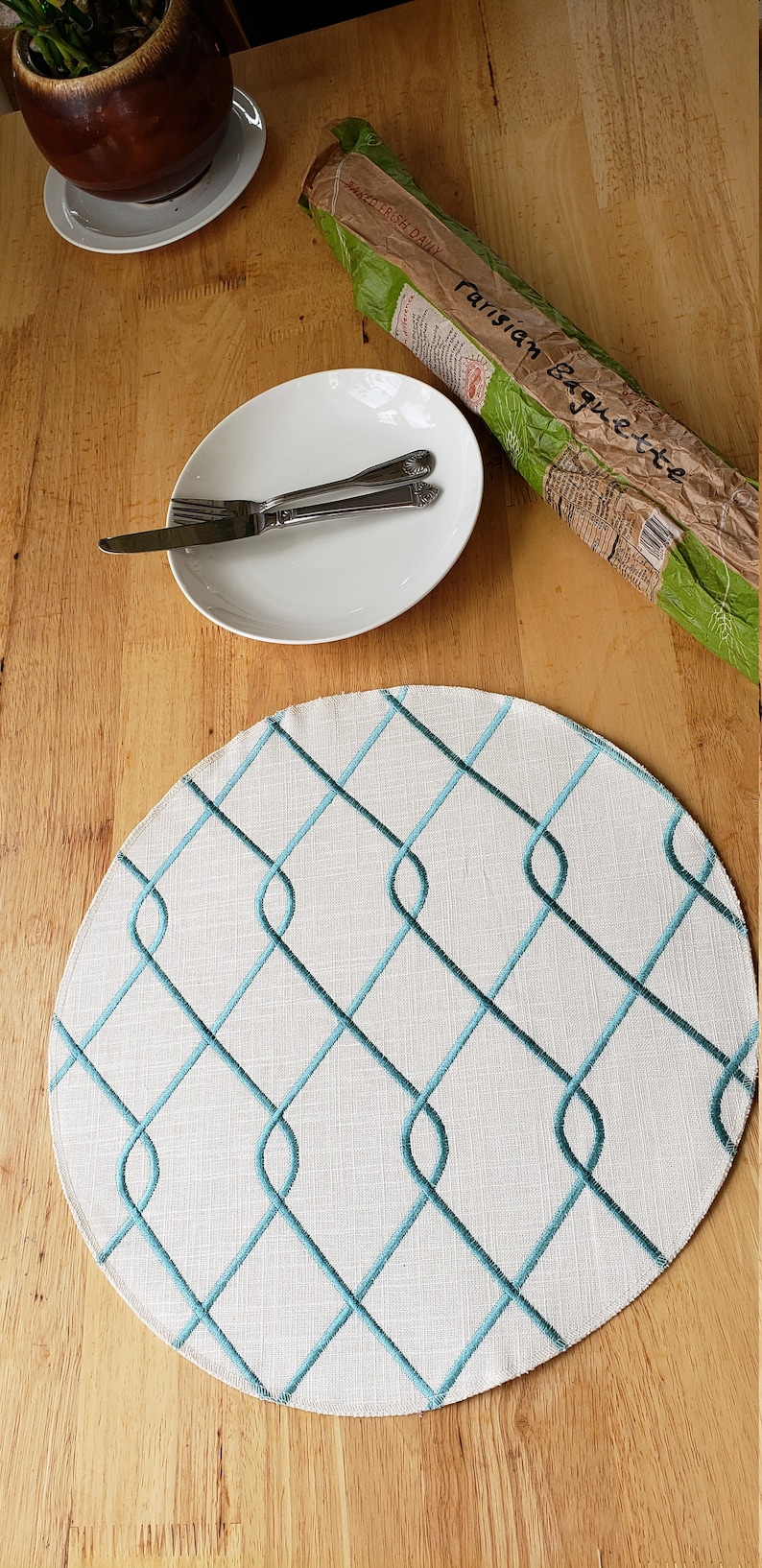 Round Placemats Duralee Loop Turquoise Blue Ivory Table Linen