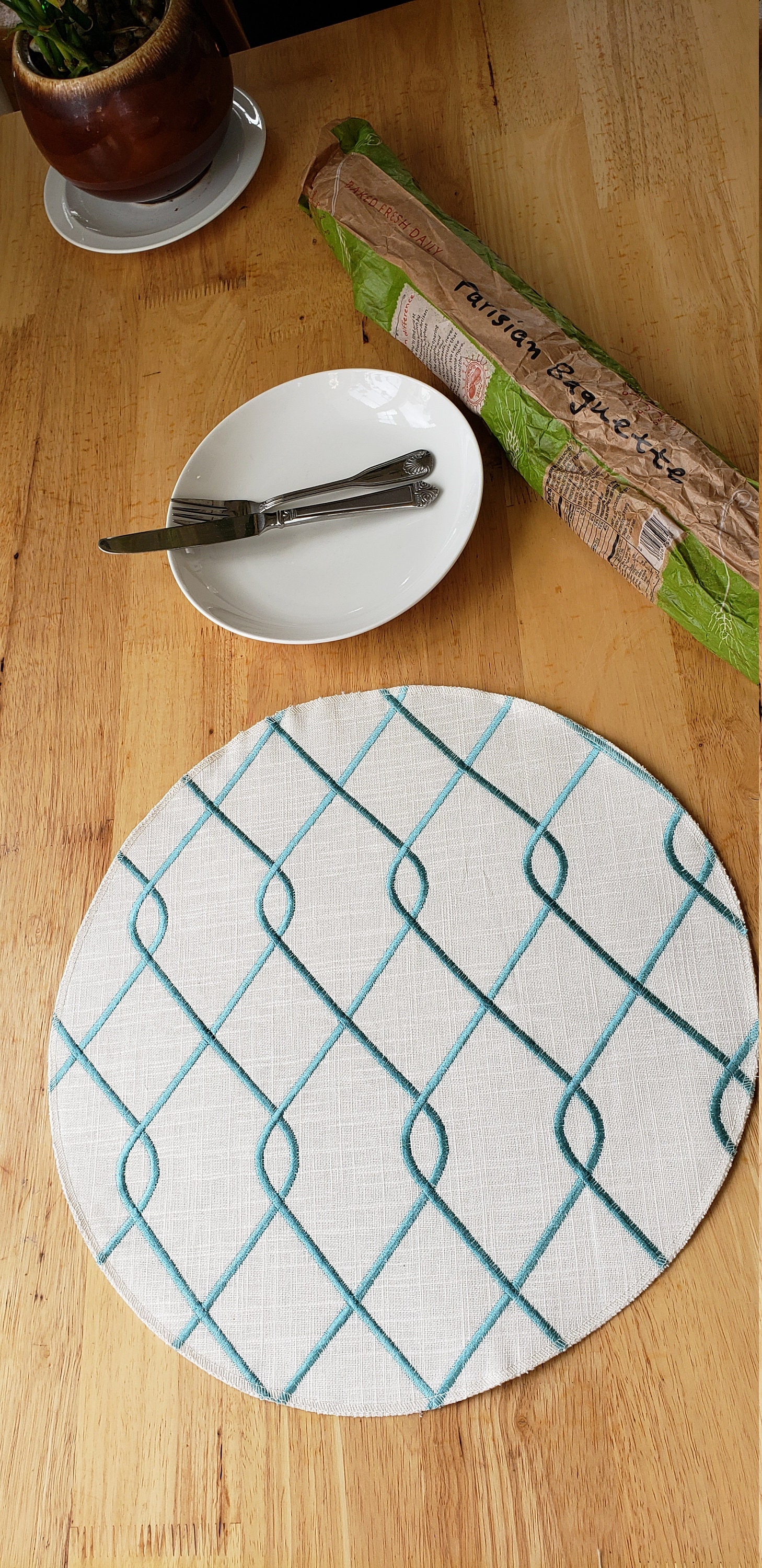 Round placemats Duralee loop turquoise blue ivory table Etsy