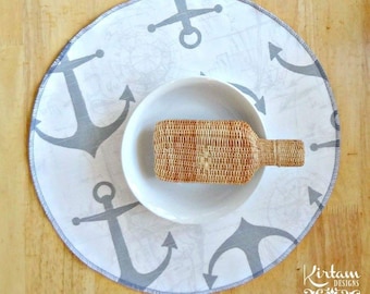 Round placemat, grey and white anchors, nautical, cotton, centerpiece place-mat handmade artisan