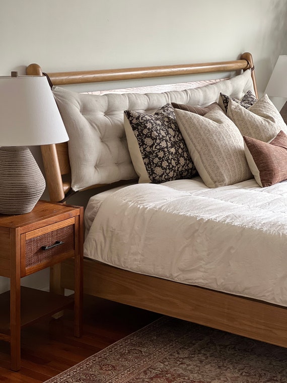 FULL SIZE 54w Tufted Headboard Cushion 100 Linen Custom Cushion Back Rest Cushion Leather Straps Oatmeal Linen Headboard Etsy