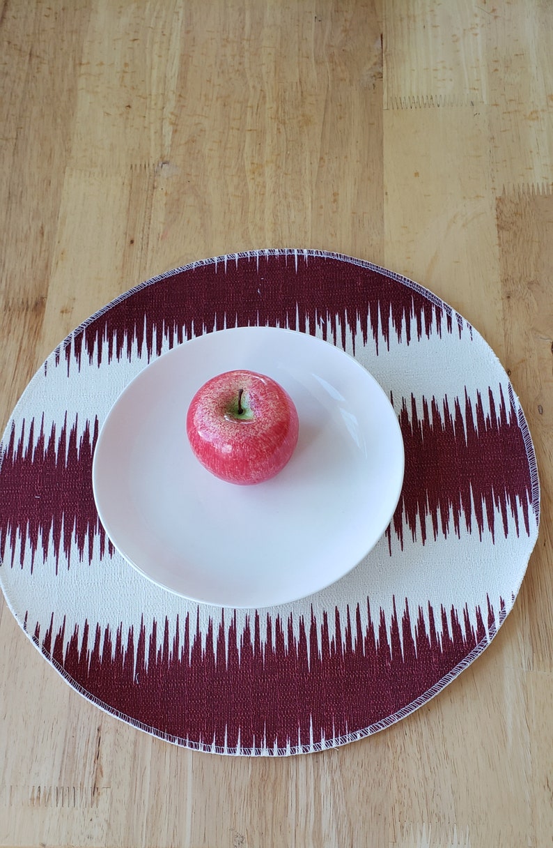 centerpiece Set of 6 cloth placemats Round placemats table accent Jiri ikat stripe burgundy and ivory cotton