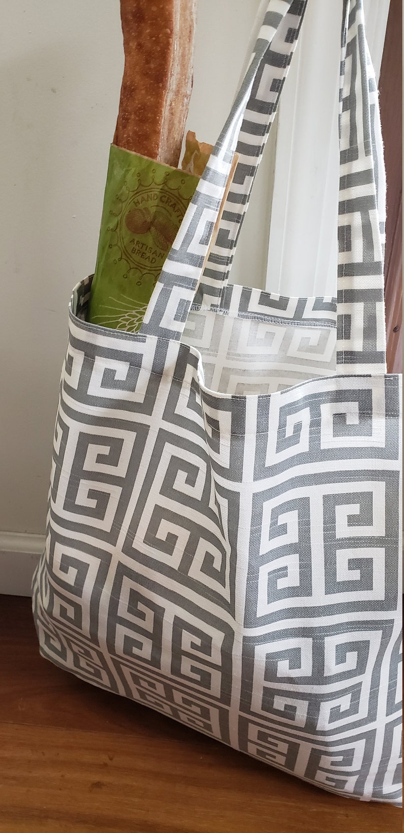 AYA Grocery tote bag market tote cloth bag, reusable grocery bag grey and white Greek key cotton