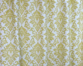 FREE SHIPPING, Two curtain panels 50W x 90L unlined, Cecelia saffron, banana yellow and white cotton curtain panels, drapes