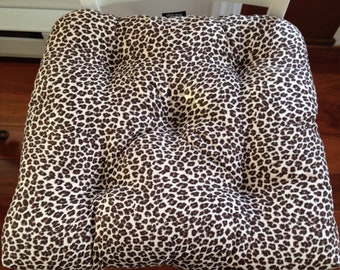 Set of 4 tufted chair pads, 16" X 16" brown and beige leopard print chair cushions, bar stool cushion
