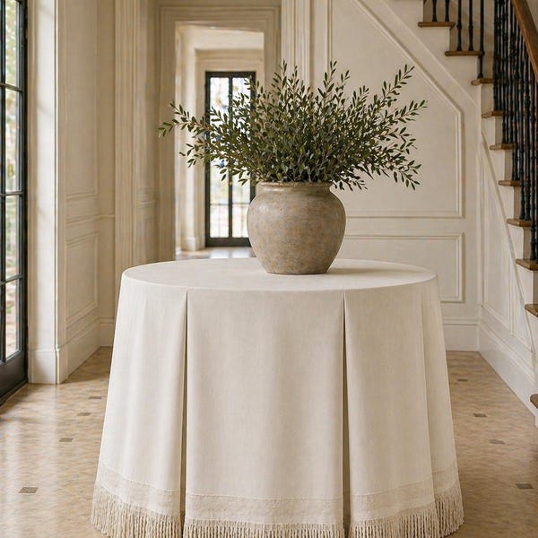 RTS round tableskirt 30" diameter x30 "H natural color decorator cotton with bullion fringe and trim tape grosgrain