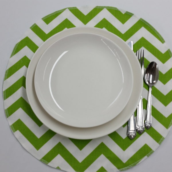 RTS Round placemat zigzag chartreuse lime green and white stripe, cotton chevron, handmade artisan