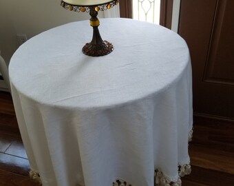 Round linen tablecloth with bullion fringe, 62&quot; diameter, Ballard designs Cleo glacier