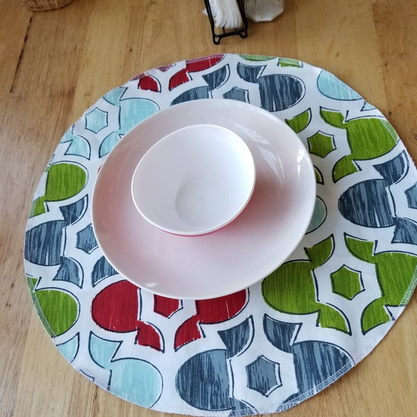 Set of 4 Round placemat Evan red, lime green, blue  and white stripe, cotton  artisan
