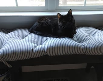 90" x 24" navy blue and ivory ticking stripe Tufted bench cushion, seat cushion, ticking stripe sofa topper