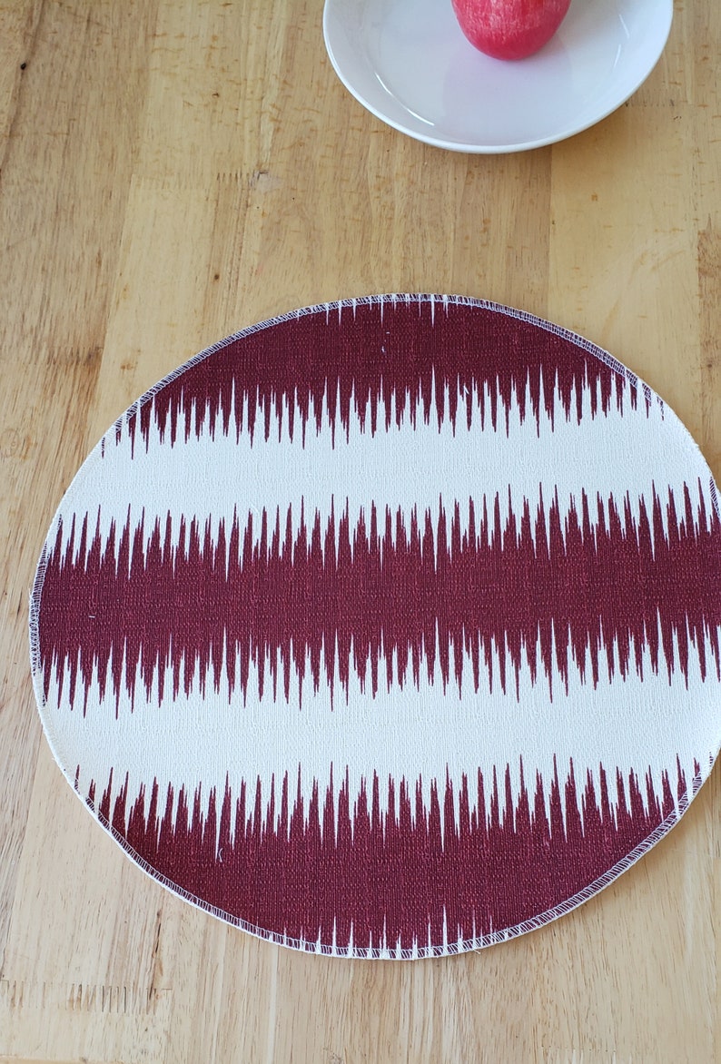 centerpiece Set of 6 cloth placemats Round placemats table accent Jiri ikat stripe burgundy and ivory cotton
