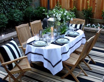 RTS Solid White linen tablecloth with black grosgrain trim, 52W x 90L Extra long tablecloth,