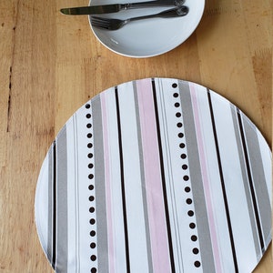 Set of 2 Round placemats, lulu pink stripe, beige, brown, white,  cotton, centerpiece, table linen, wedding decoration