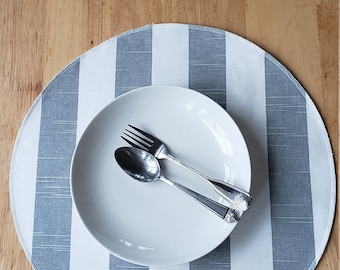 Grey and white striped, round fabric placemat handmade artisan place-mat, doiley, cloth placemats