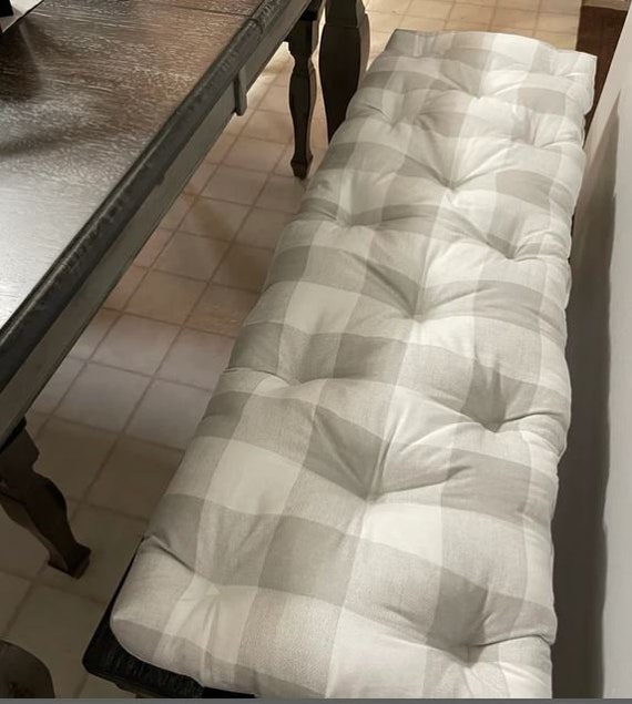 52 X 18 Tufted Seat Cushion Cotton Canvas Tufted Bench Cushion Buffalo Plaid French Grey and White Check Farmhouse Cushion Etsy
