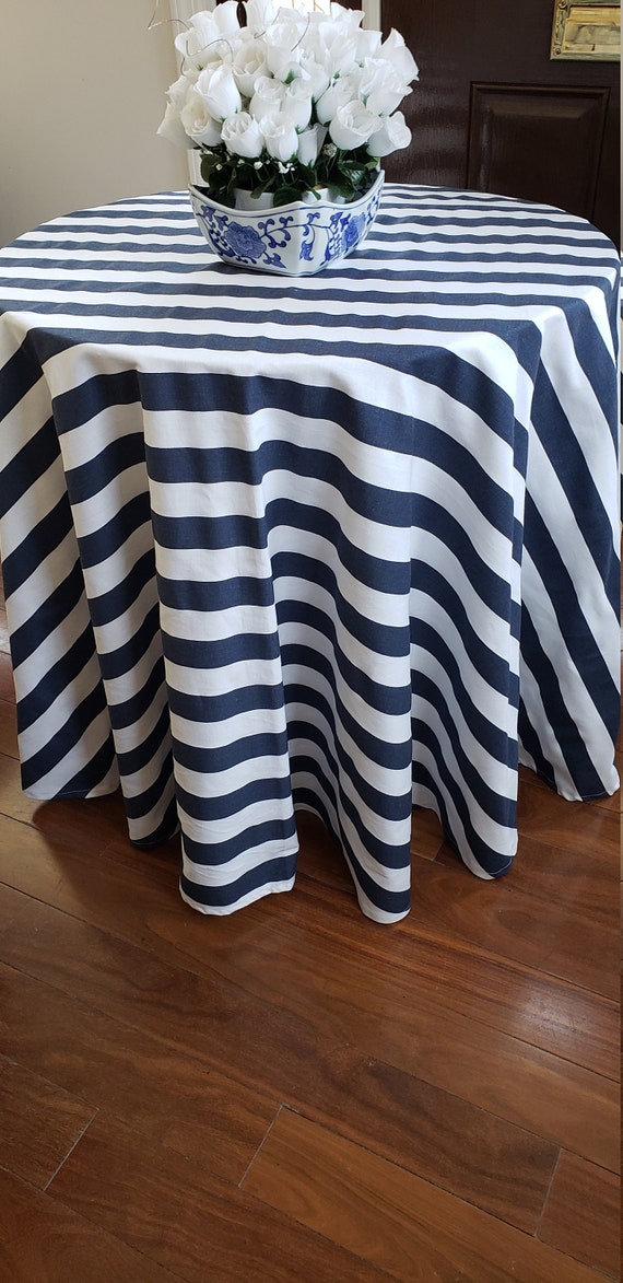 Round Tablecloth Navy Blue And White Stripe Cotton Wedding White Stripe Cotton Wedding, Navy Blue And White Round Tablecloth