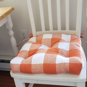 Lot of 2 Tufted chair pad, 16" x 16" bar stool cushion, buffalo plaid seat cushion,  orange and white