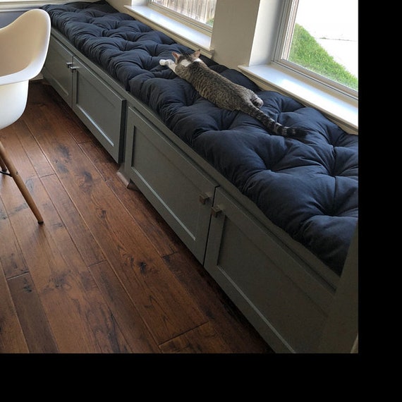 Grateful Home — Custom Bench Cushion, Gray Linen Tufted French Mattress