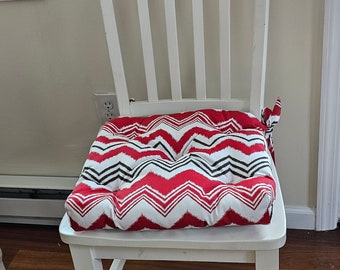 Set of 2 zigzag chevron red grey and white chair pads, seat cushions, 16" x 16" Tufted bar stool cushions,