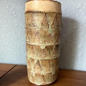 Fantastic Mid Century Modern Carved Architectural Studio Pottery Vase 1950s