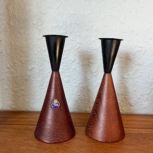 Vintage Modernist Swedish Teak Wood Candlesticks