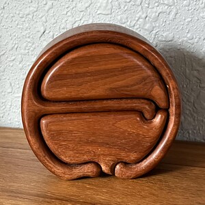 Beautiful Mid Century Modernist Walnut Puzzle Wood Box Signed