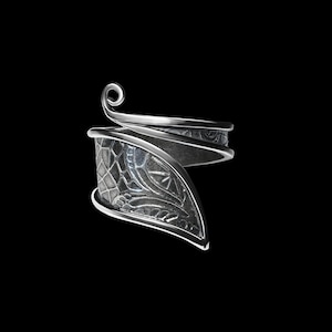 May include: A silver ring with a twisted band and a leaf-shaped design. The leaf has a textured surface.