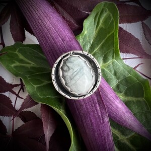 May include: A silver ring with a black and white oval stone set in a silver bezel. The ring is surrounded by a silver band with a textured edge.