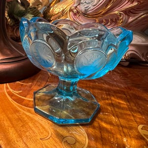 Vintage Fostoria Glass Ice Blue, Turquoise Coin Pedestal Bowl, Dots, Eagles, Coins, Scalloped Edge Footed Compote Dish, Vintage Glassware
