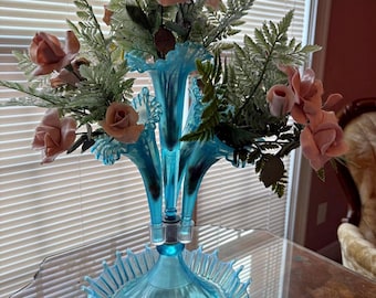1940s Pristine Blue Opalescent LG Wright Fenton Epergne 4 Horns