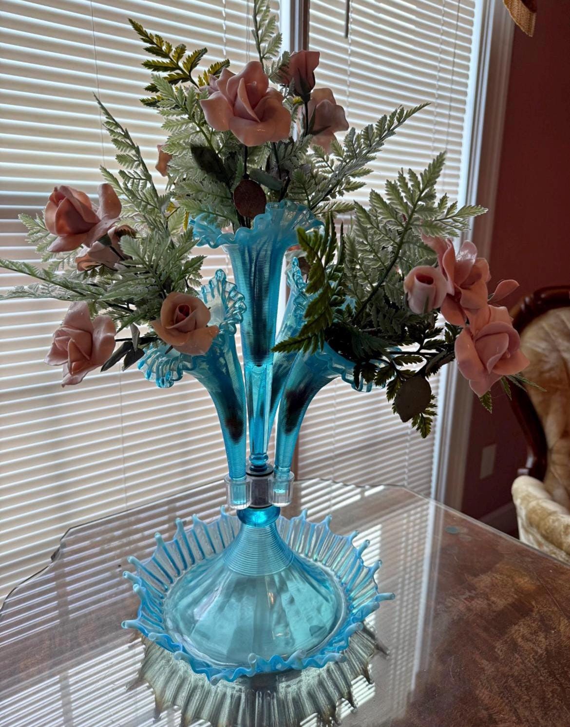 1940s Pristine Blue Opalescent LG Wright Fenton Epergne 4 Horns