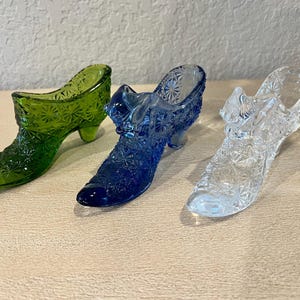 Vintage Glass Slipper Collection - Green, Blue, Clear Pressed Glass Shoes - Decorative Glass Shoe Figurines - 2 Marked Fenton