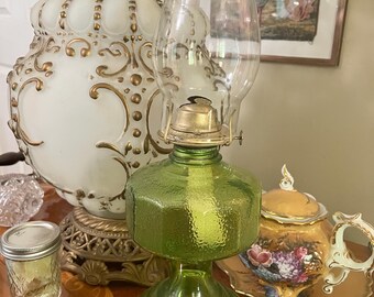 Rare Lime Green Depression Glass Oil Lamp