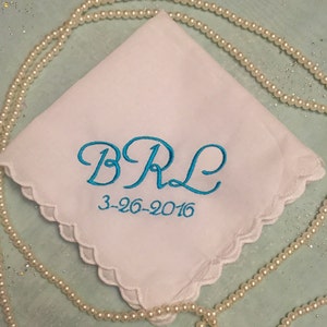 Monogram wedding handkerchief~ Something Blue~ wedding keepsake