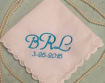 Monogram wedding handkerchief~ Something Blue~ wedding keepsake