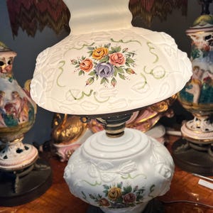 Vintage Fenton Puffy Rose Milk Glass Hurricane Lamp