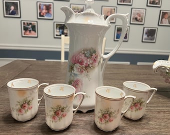 RS Prussia Chocolate Pot Set with 4 Cups – Antique Hand Painted Porcelain Floral Tea Set – Victorian Coffee Pot Germany – Pink Rose Gold Tri