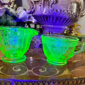 Rare Federal Glass  Green  Cream and Sugar Set - Uranium Depression Glass