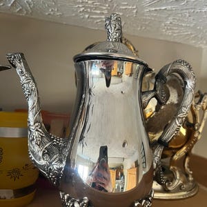 May include: A silver-colored teapot with ornate grape vine detailing on the handle, spout, and base. The lid is topped with a cluster of grapes. The teapot is reflective, showing the surrounding environment.