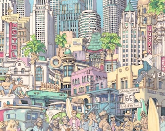 May include: A colorful illustration of a Hollywood scene with a large HOLLYWOOD sign, buildings, palm trees, and people. The scene includes a diner, a motel, a movie theater, and a beach with surfers. The text "Santa Monica 66 End of the Trail" is visible on a sign.