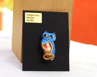 KAT BROCHE - dierlijke broche, polymeer klei broche, blauwe kat pin, koper broche, Australische sieraden, Australische winkel, Australische verkoper
