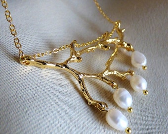 Gold plated necklace, nature inspired, twigs, gold chain, freshwater pearls, gift for her