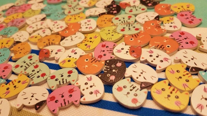 Wooden Buttons Buttons Cat Buttons Multi Coloured Buttons Etsy